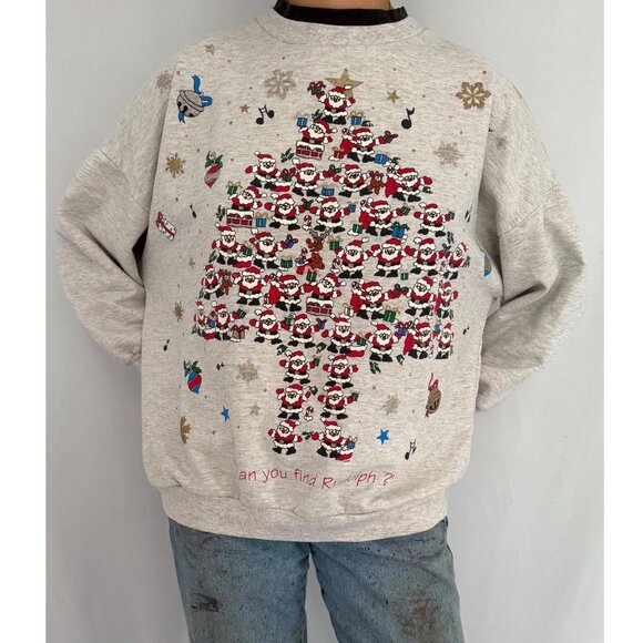90s vintage grey christmas tree santa holiday graphic collared pullover sweater - Picture 2 of 9